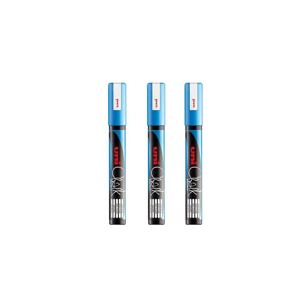 Uni-Ball Uni Pwe-5M Liquid Chalk Marker Pen - Whiteboard Blackboard Chalkboard - Non Permanent - Pack Of 3 Light/Blue