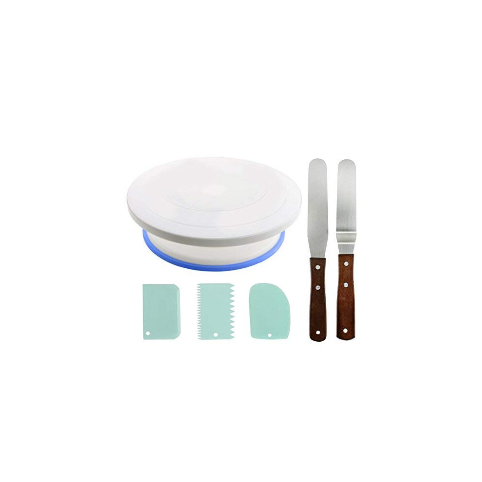 28cm Rotating Cake Turntable with 2pcs Icing Smoother with Wood Handle and 3pcs Side Scraper for Easy Cake Frosting Decorating Making
