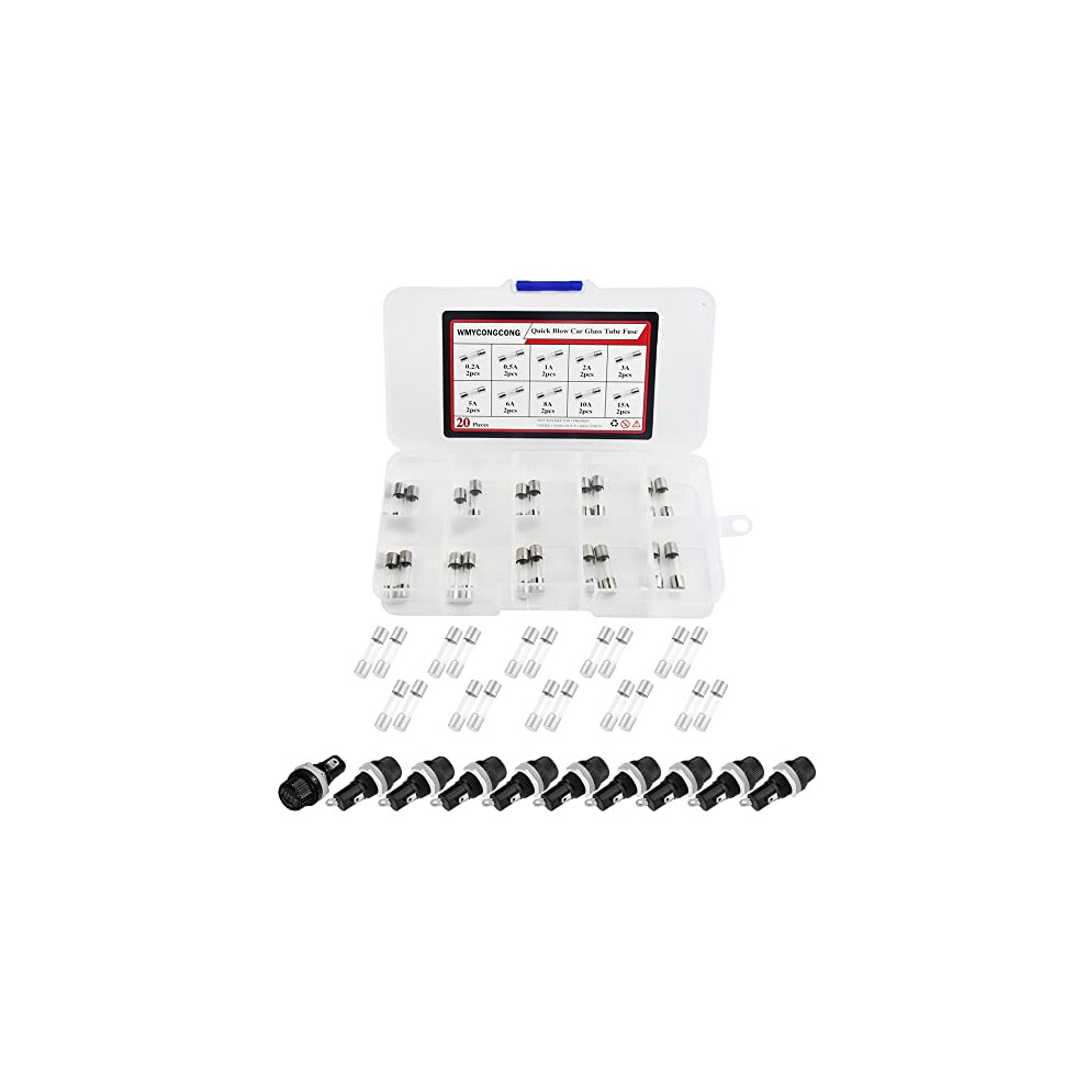 10 Pcs AC 250V 10A/AC 125V 15A Panel Mounted 5x20mm Screw Cap Fuse Holder Socket with 20 PCS Glass Tube Fuse Kit (10 Value)