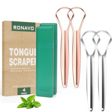 RONAVO Tongschraper voor volwassenen (4 stuks) Metalen tongschraper Roestvrij (inclusief reisetuis) Verminder slechte adem Tongschrapers Mondverzorgi