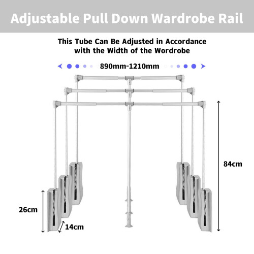 Pull Down Wardrobe Rail Adjustable Width 890mm to 1210mm Pull Down Hanging Rail for Wardrobe Heavy Duty Pull Down Clothes Rail Lift for Closet Load 2