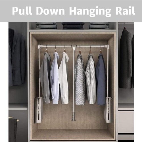 Pull Down Wardrobe Rail Adjustable Width 890mm to 1210mm Pull Down Hanging Rail for Wardrobe Heavy Duty Pull Down Clothes Rail Lift for Closet Load 1
