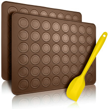 2X Macaron Silicone Baking Mat for Perfect Macarons | Non-Stick Silicone Mould with Pastry Dough Scraper | Brown