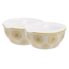 Set of 2 Bowls Art Deco Hand-Stamped Stoneware Silicone Lids Stylish and Practical Food Storage Yellow 18.5 cm