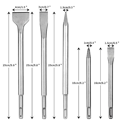 SDS Plus Hammer Chisel Set, 5PCS SDS Plus Tile Chisel and Concrete Chisel Set, Includes 3 Flat Chisel and 2 Point Chisel for Concrete, Brick, Cement, 1