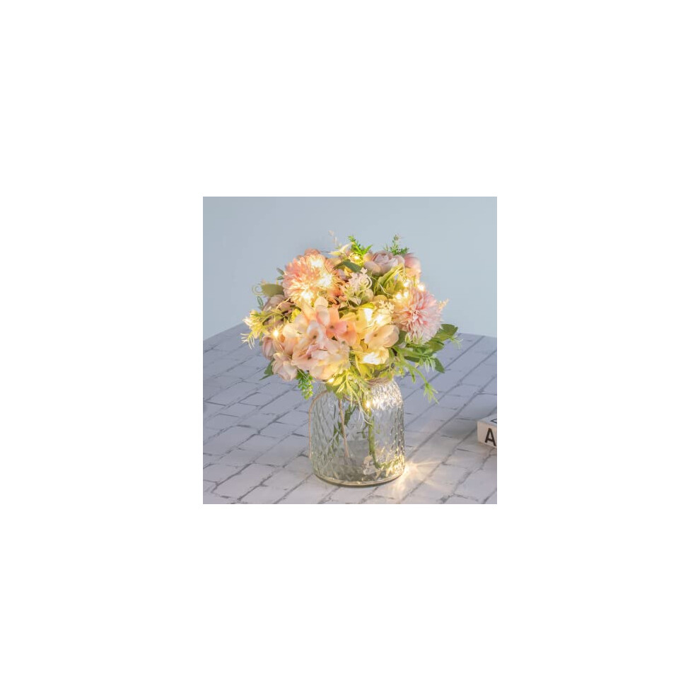 Artificial LED Pink Rose Flowers with Glass Vase, Remote Control Led Light, Flower Arrangement for Table Centerpiece, Home Office Wedding Decoration