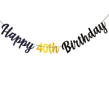 40th Birthday Banner Happy 40th Birthday Bunting Black and Gold Glitter Large Hanging Letter Banner for 40 years old Birthday Anniversary Party