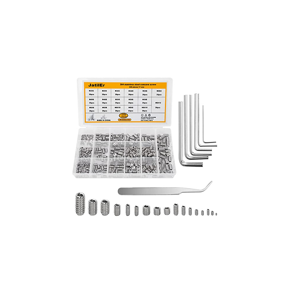 540Pcs Grub Screws Set, Metric Hex Grub Screw Mixed M2 M3 M4 M5 M6 M8, Allen Key Screws Assorted Stainless Steel Cup Point Screw Grub Kit with 6 Hex