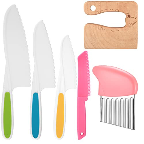 6-Piece Kids Kitchen Knife Set: Safe Reusable Plastic Knives with Serrated Edges for Fruits & Veggies (Pink) - Dishwasher Safe, Non-Slip Handles