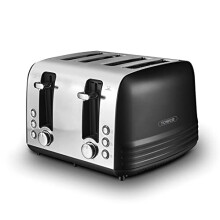 Tower, T20081BLK, Ash 4-Slice Toaster with Dual Controls, Defrost/Reheat/Cancel, 1850W, Black & Chrome