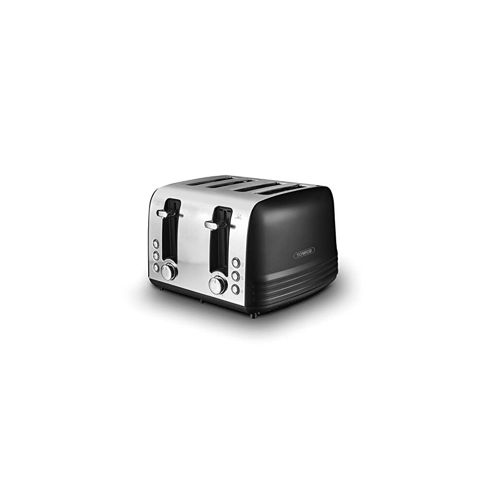 Tower , T20081blk, Ash 4-Slice Toaster With Dual Controls, Defrost/Reheat/Cancel, 1850W, Black & Chrome