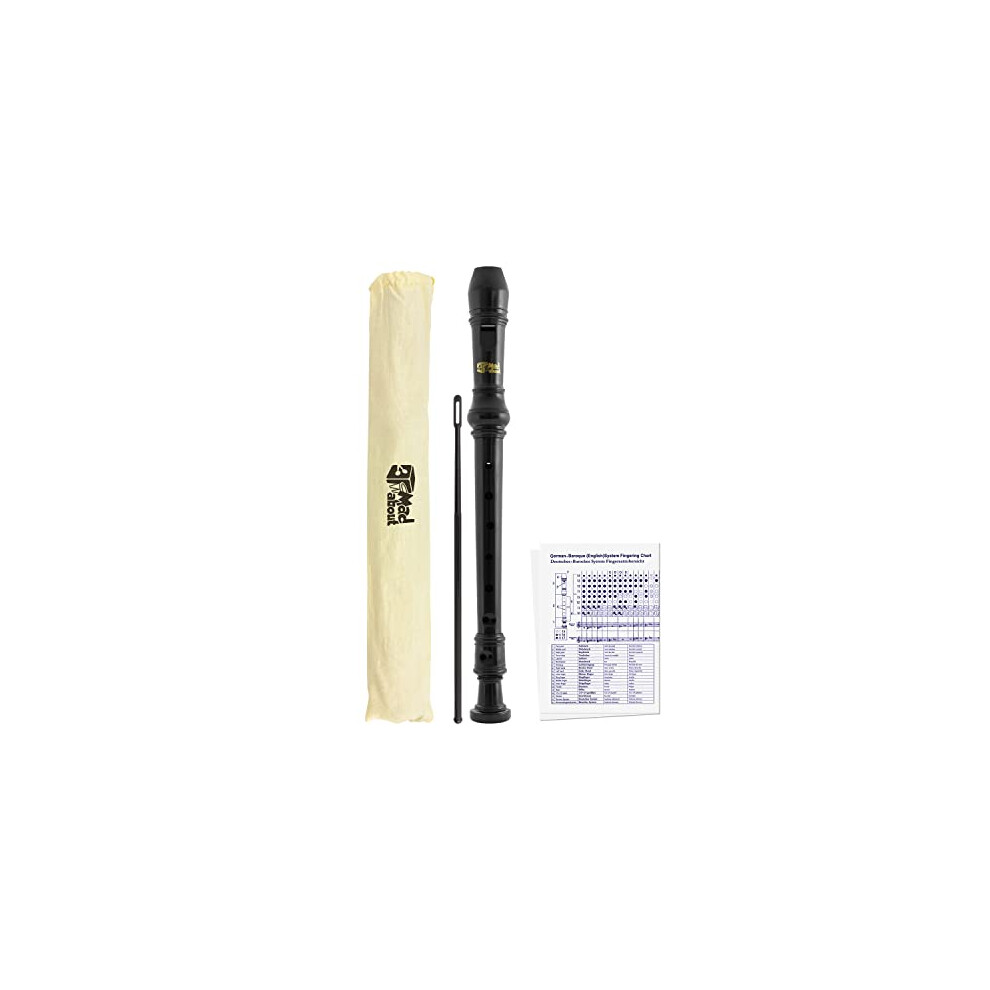 Mad About MA-REC06 Descant Recorder – Three-Piece School, Beginners Recorder with Bag, Cleaning Rod and Fingering Chart - Black