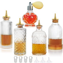 Bitters Bottle 5pcs Glass Dash Bottle Set for Vermouth Sprayer Atomizer Gold Plated Zinc Alloy Dasher Top, Decorative Bottle, for Cocktail and Display
