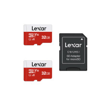 Lexar 32GB MicroSD Card 2-Pack with Adapter - UHS-I, up to 100MB/s, U1 Class10 V10 A1, Waterproof/Shockproof TF Card (2 microSD + adapter)