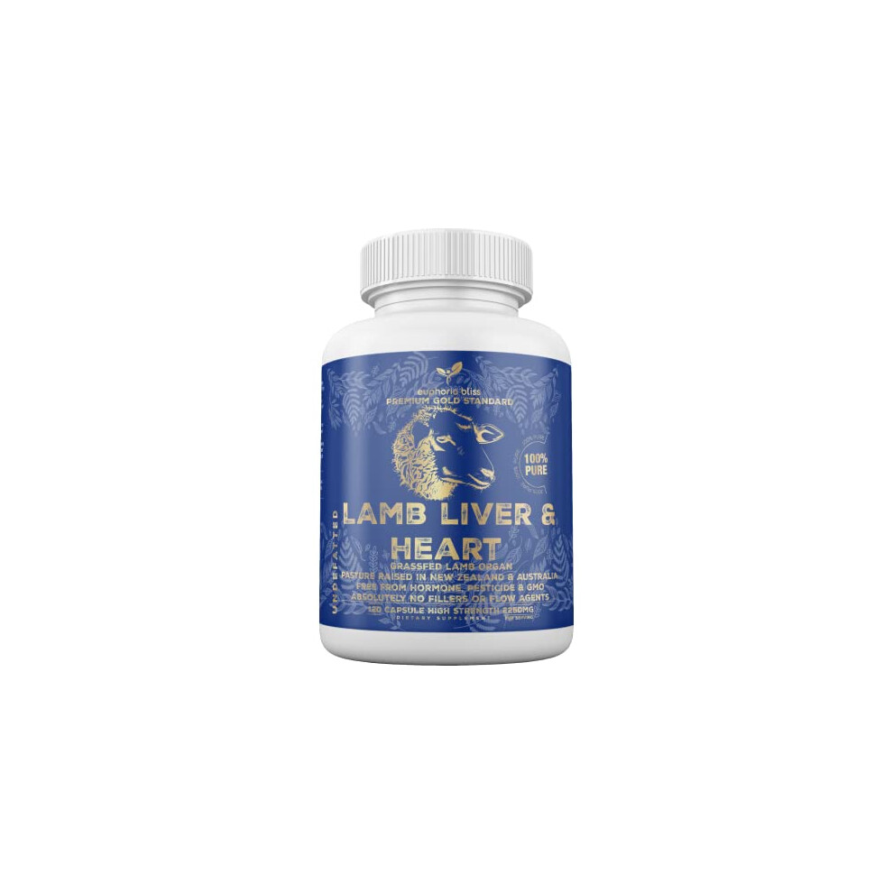Euphoria Bliss Grass Fed Desiccated Lamb Liver & Heart Capsules 2250Mg (120 Pills, 750Mg Each), Coq10, Energy, Digestion, Detoxification, Heart Health, Non-Gmo,