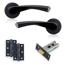 Matt Black Warped Lever On Rose Latch Pack, with Ball Bearing Hinges & A Tubular Latch, Ideal for Internal Wooden Doors for Home and Office.