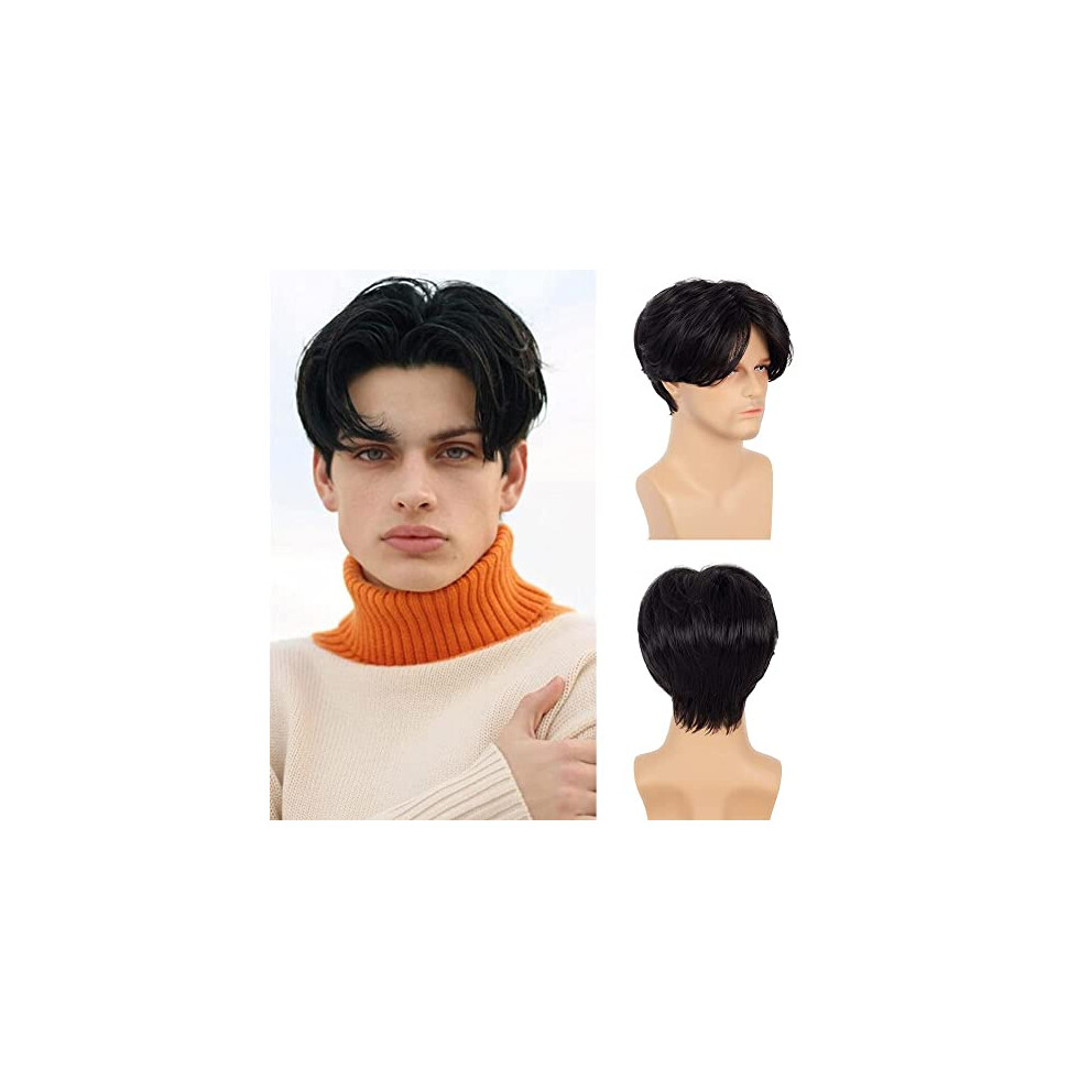 Beweig Unisex Black Wig For Men Short Middle Part Cosplay Wig Synthetic Halloween Hair Wig With Wig Cap