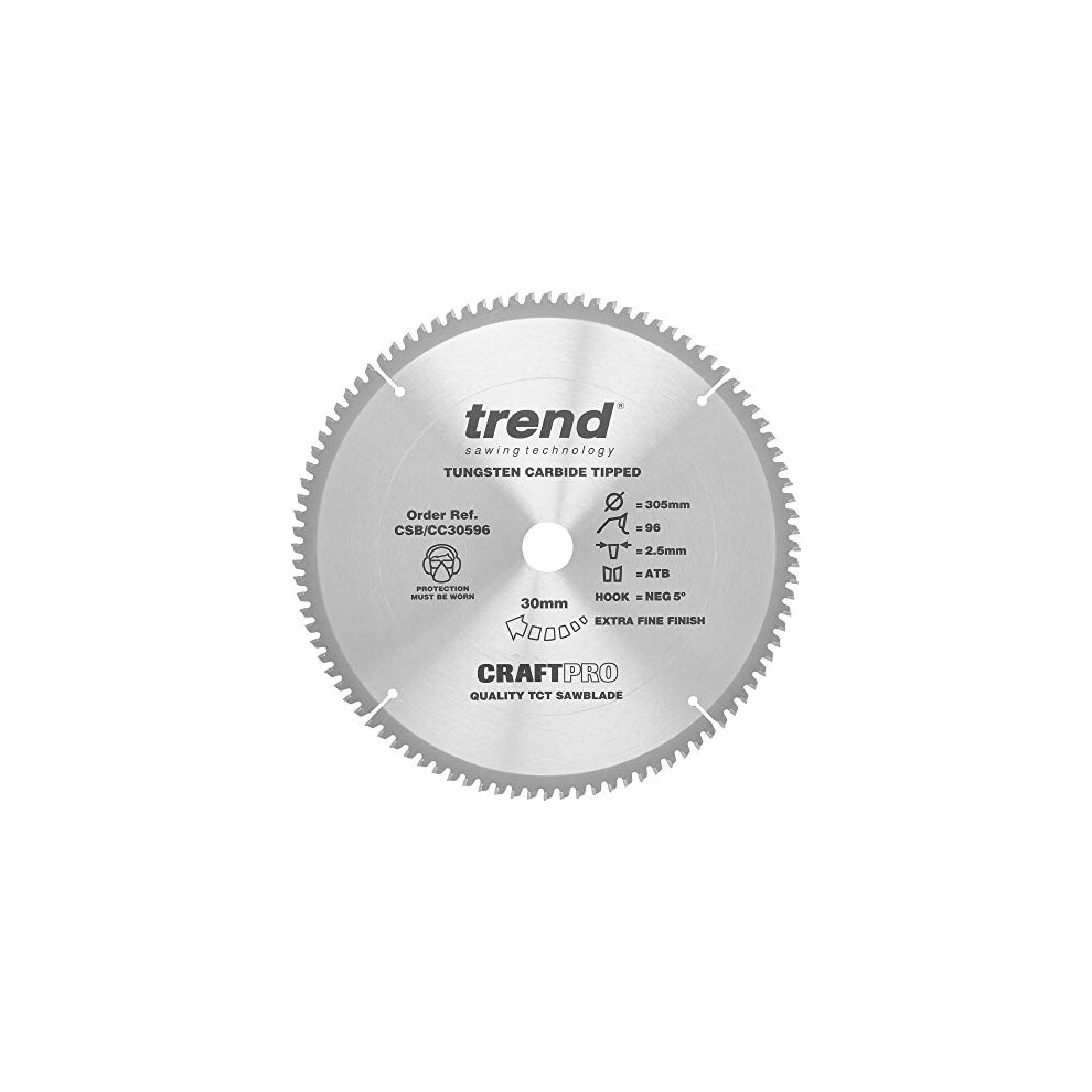 CraftPro TCT Negative Hook Cross-Cutting Mitre Saw Blade, 305mm Diameter, 30mm Bore, 96 Teeth, 2.5mm Kerf, -5 Hook, CSB/CC30596