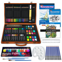 118 Piece Deluxe Art Set, Art Supplies in Wooden Case, Painting Drawing Art Kit with Acrylic Paint Pencils Oil Pastels Watercolour Cakes Colouring
