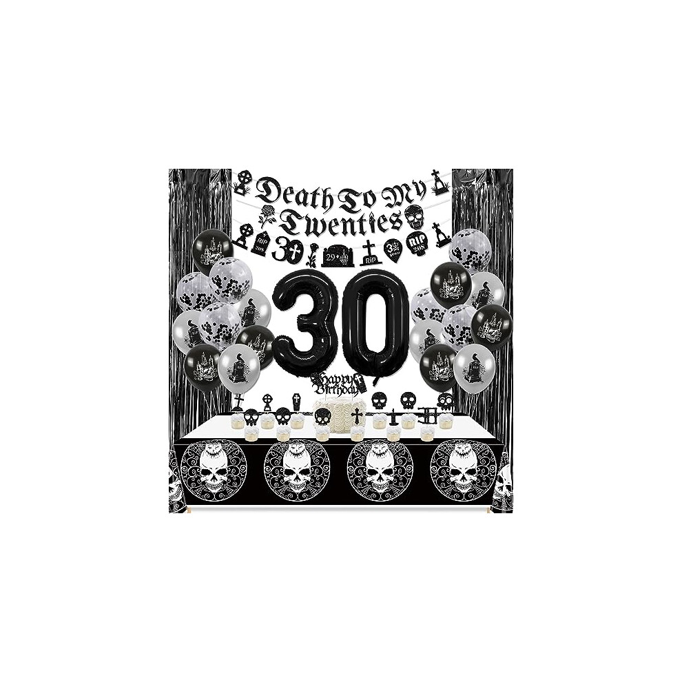 30th Birthday Decorations - Death To My 20s Decorations Including Banners, Skull Tablecloth, Number 30 Balloon, Black Fringe Curtain, and Cake Cupcake