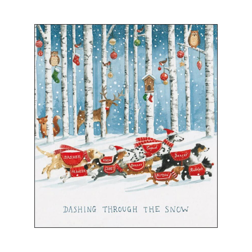 Pack of 5 Artistic Charity Christmas Cards - Dashing Through The Snow - Lovely Illustration of Dogs Running Through Snowy Forest - 5 Cards of 1 Design