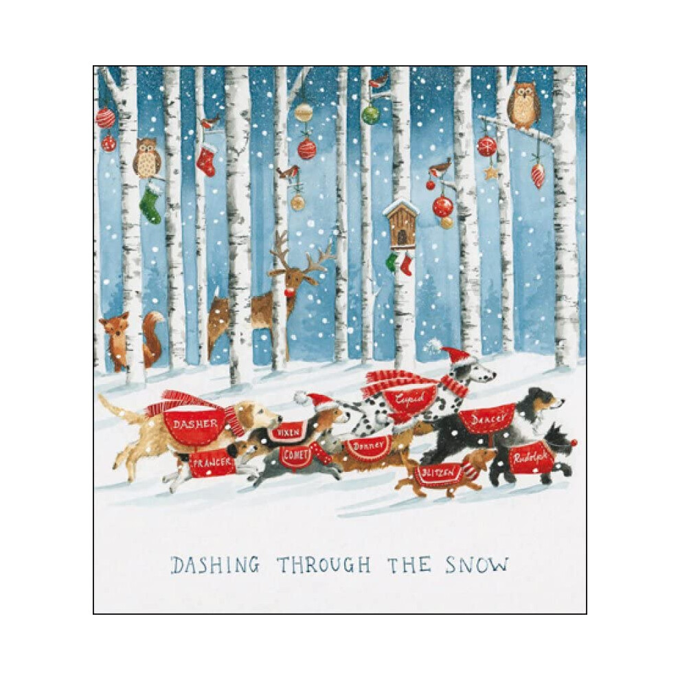 Woodmansterne Pack Of 5 Artistic Charity Christmas Cards - Dashing Through The Snow - Lovely Illustration Of Dogs Running Through Snowy Forest - 5 Cards Of 1 Design