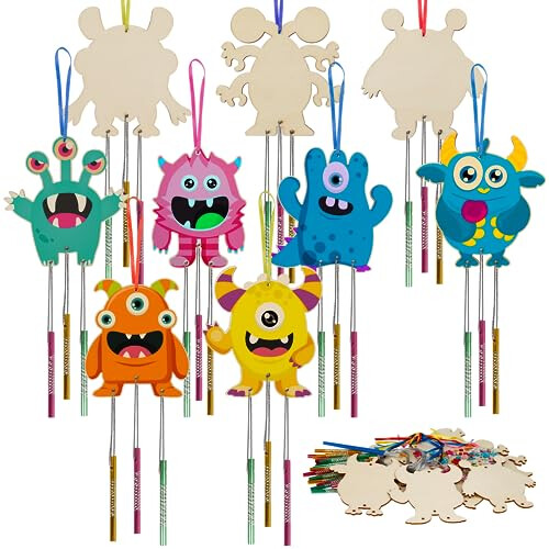 9 Pack Monster Wind Chime Kit for Kids Make Your Own Monster Wind Chime Wooden Arts and Crafts for Girls Boys DIY Painting for Art Activity Party