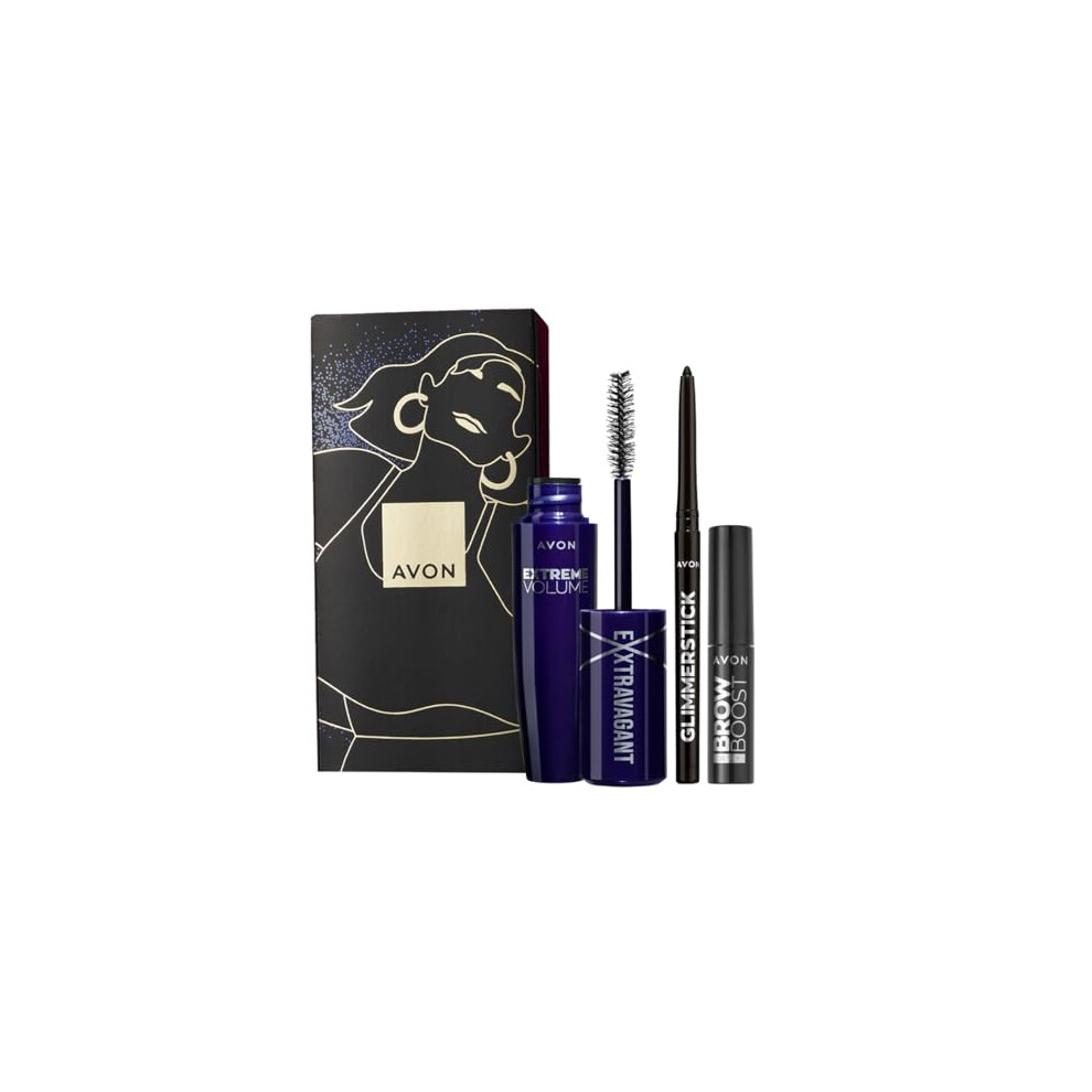 Exxtravert Eye Three Piece Gift Set with Exxtravert Extreme Volume Mascara in Blackest Black 9.5ml, Glimmerstick Eyeliner in Blackest Black and Brow