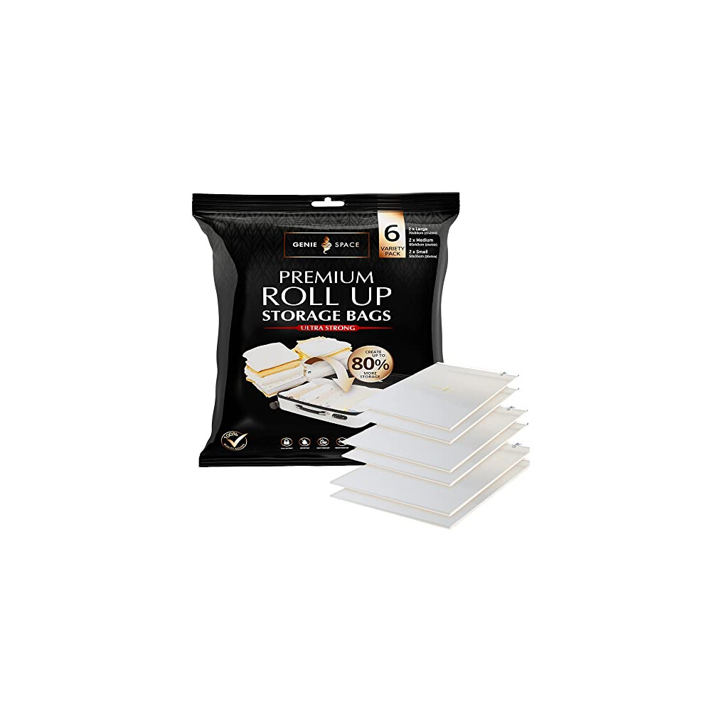 Genie Space Roll Up Storage Bags - Variety Pack Of 6 | 2 Large, 2 Medium & 2 Small | No Pump Or Vacuum Strong & Premium Roll-Up Bags | 80% More Home Wardrobe