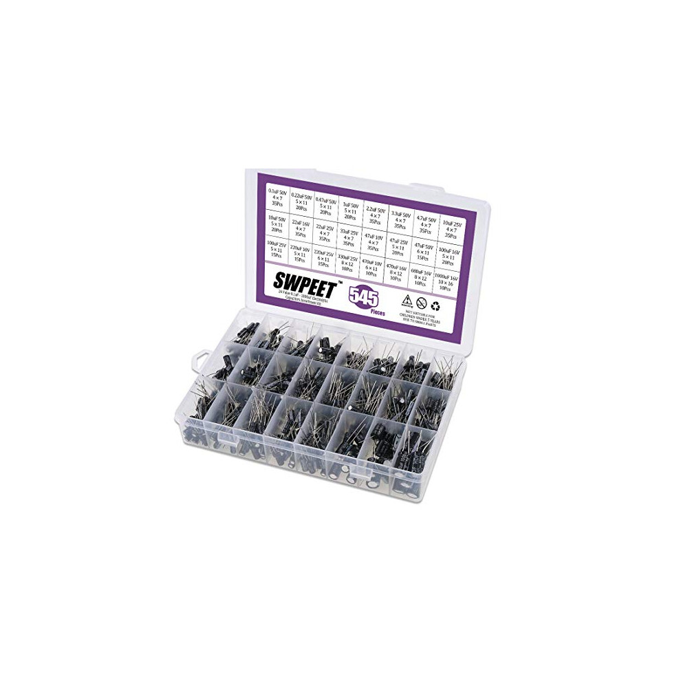 545Pcs 24 Kinds Different Electrolytic Capacitors Range 0.1Ufï¼1000Uf Assortment Kit, 10V/16V/25V/50V Aluminum Radial Electrolytic Capacitors For Tv, 754914370192