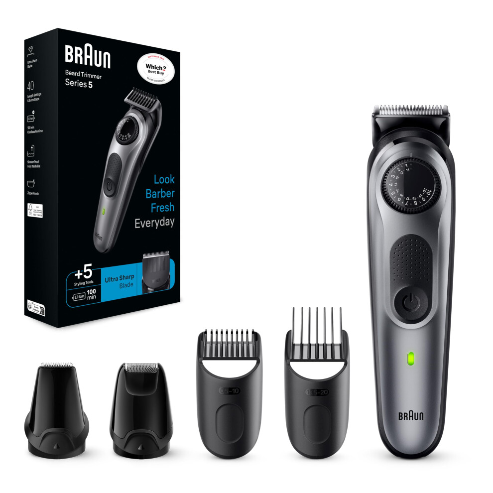 Beard Trimmer Series 5 & Hair Clippers, 40 Length Settings, Rechargeable 100-min Cordless Runtime & Waterproof, Gifts for Men, BT5440, Silver, Black