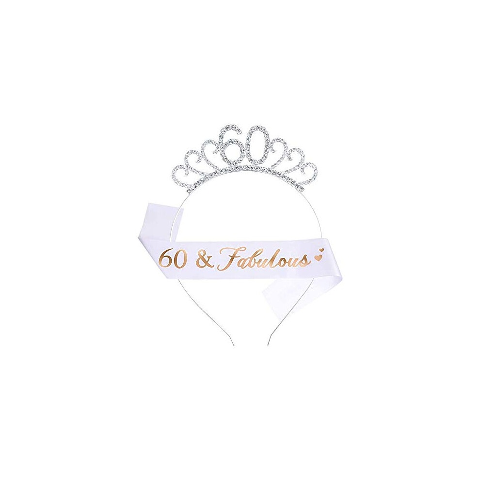 60th Birthday Tiara and Sash, 60 Fabulous Glitter Satin Sash and Crystal Tiara Birthday Crown for Women 60th Birthday Party Decorations