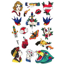 Old School Temporary Tattoo Set by Tatsy, Original Cool Oldschool Vintage Design, Party Fun Tattoos, Fake Tattoo Body Art Cover Up for Men and Women,