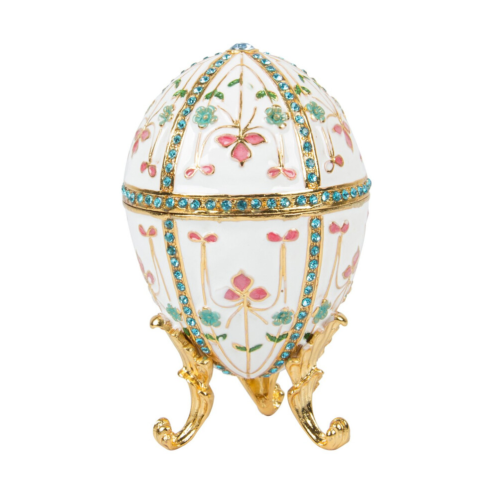 Hand Painted White Faberge Egg Style Decorative Enameled Trinket Box Hinged Unique Gift for Family