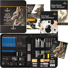 60 Piece Drawing & Sketching Set | Quality Graphite, Charcoal, Pastel, Water Soluble Pencils + Sticks, Fineliners | For Professional and Adult Artists