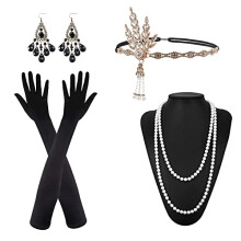 5 Pieces 1920 Accessories Set, Great Gatsby Accessories Women, 1920s Fashion Headband, Long Gloves, Pearl Necklace, Earrings, Flapper Headband, Great