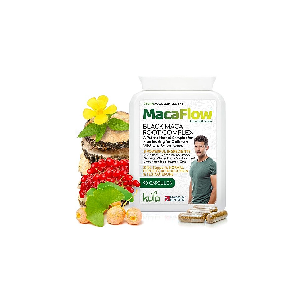 Kula Nutrition Black Macaflow Â Maca Root Complex For Men - Ginkgo Biloba, Panax Ginseng, L-Arginine, Damiana Leaf Extract, Pepper And Zinc For Normal
