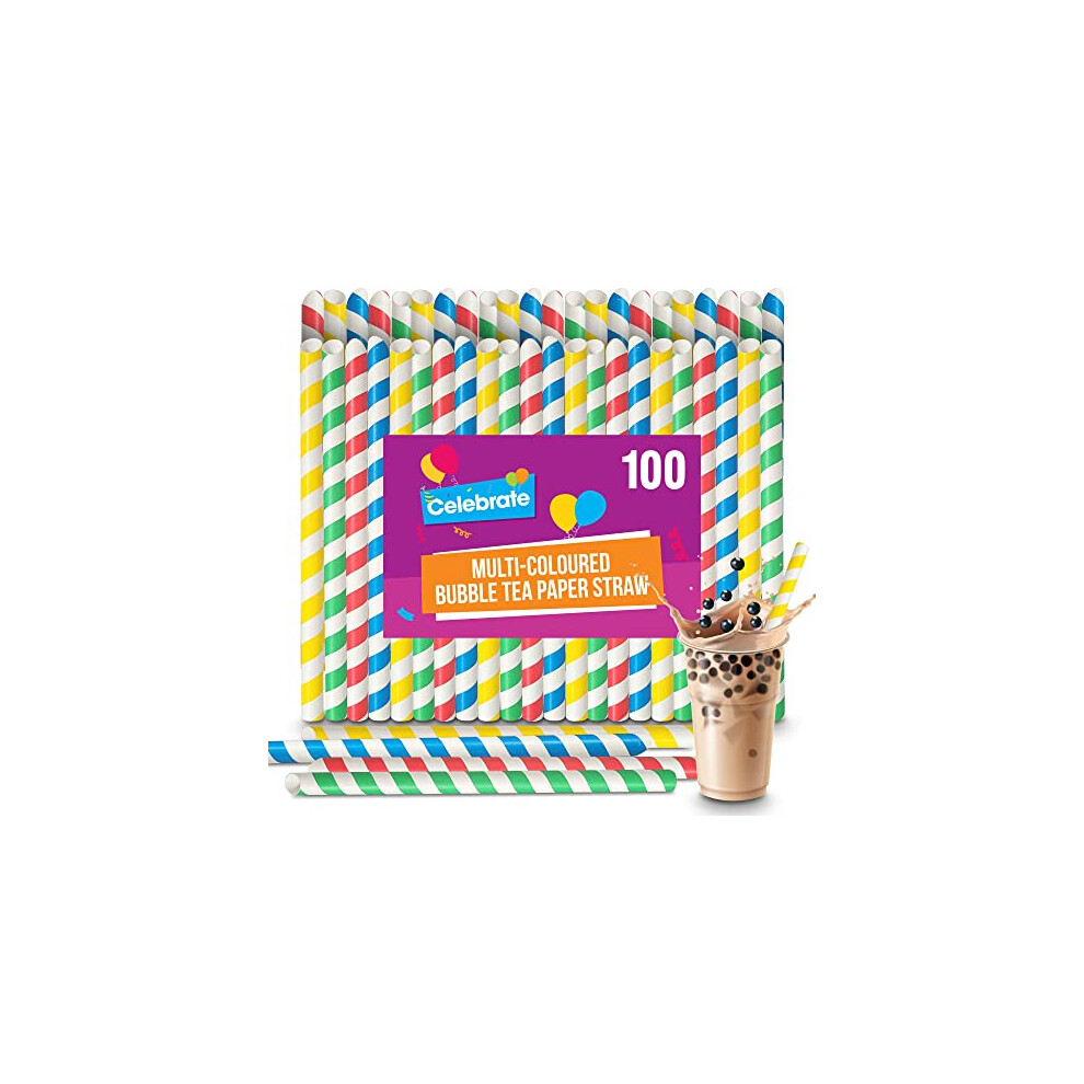 100pk Colourful Bubble Tea Straws 21cm | Large & Thick Paper Straws Drinking Paper That Won't Go Soggy | Large Boba Straws, Biodegradable Milkshake