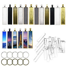 18 PCS 6 Color Rectangle Pendant Tray with 18 PCS Glass Cabochons Rectangle Bezel, 10 PCS Key Ring for Jewelry Making for Making Photo, Crafting DIY