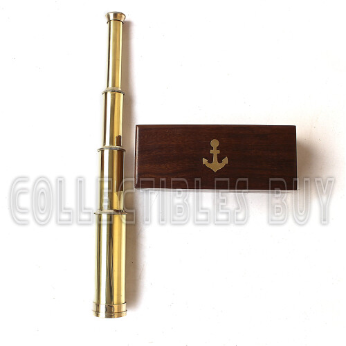 14" Handheld Nautical Three Fold Brass Telescope Maritime Wooden Box Navigation 1