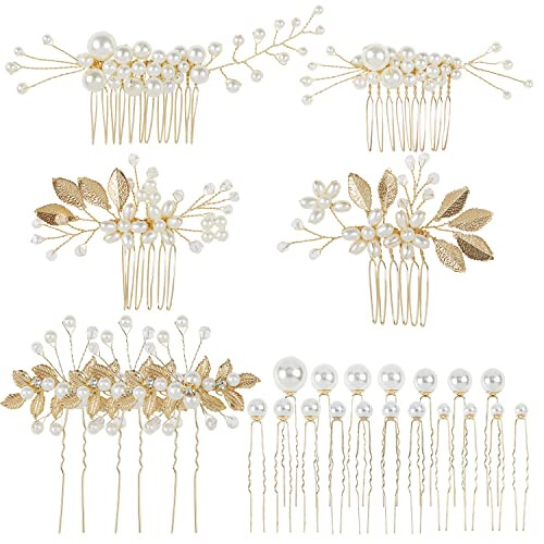25 Pack Glitter Gold Rhinestone Pearl Leaf Flower Metal Bridal Wedding Hair Side Combs Slides+U-shaped Hair Pins Clips Barrettes Headpieces