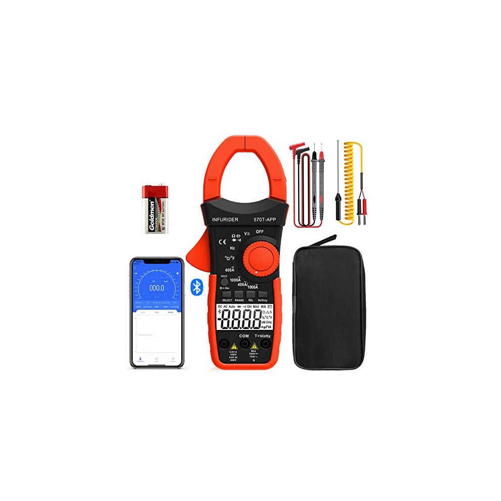 Wireless Clamp Meter,1000A Ac/Dc Current Amp Clamp,Trms 4000 Counts Auto Range Clamp On Ammeter,Bluetooth Clamp Multimeter Measures 770456380994