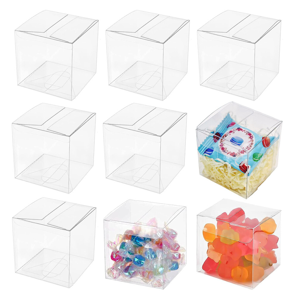 50Pcs Clear Favor Boxes, 5x5x5cm Transparent Candy Boxes Wedding Favour Boxes PVC Cube Boxes for Wedding Birthday Party Baby Shower