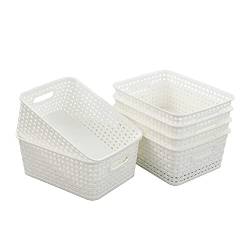 White Plastic Woven Storage Baskets, 6 Packs