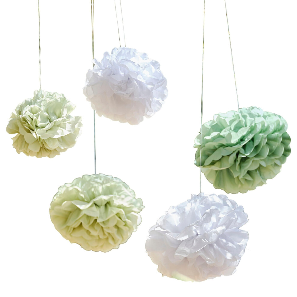 White and Green Eco-Friendly Tissue Paper Pom Pom Hanging Baby Shower Decorations Pack of 5