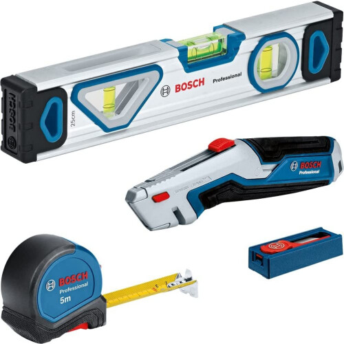 Bosch 13-Part Professional Tool Set (with 25 cm Spirit Level, 5 m Measuring Tape, Utility Knife with Retractable Blade and 10-Part Blade Set)