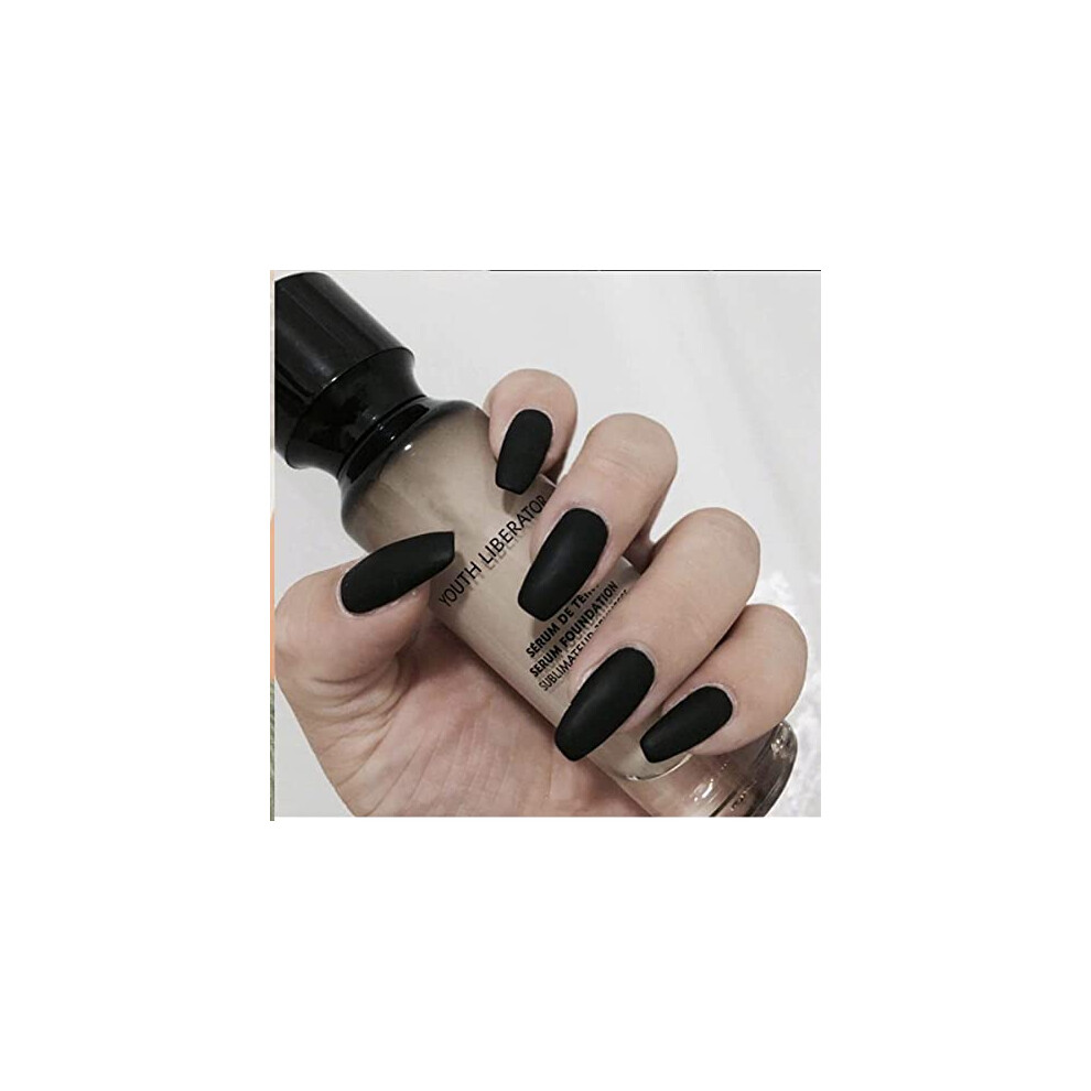 Matte Frosted Ballerina False Nails Coffin Press on Nails Pure Color Fake Nails Medium Length Acrylic Nails for Women and Girls 24Pcs (Black)