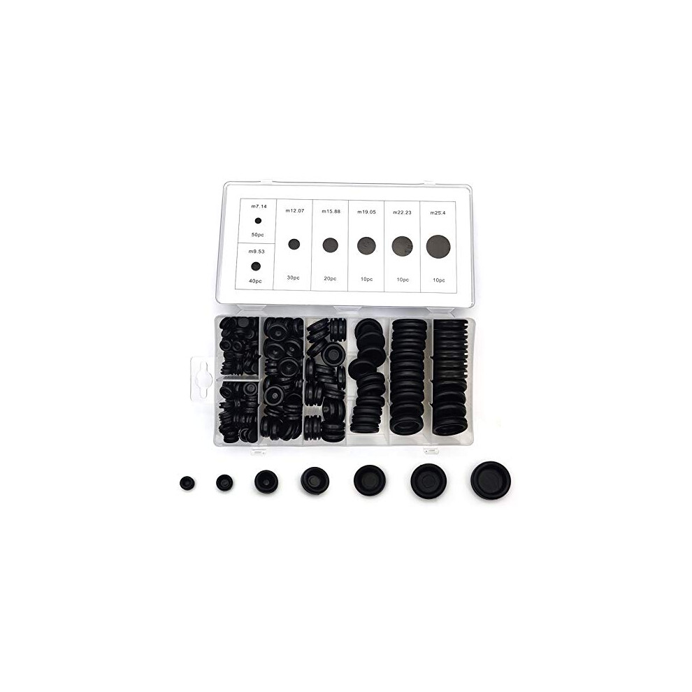 170 Pcs Rubber Grommets Kit, 7 Sizes Black Rubber Electrical Wire Cable Hole Plugs Gaskets Grommets Assortment, Conductor Gasket Ring Grommets for Car
