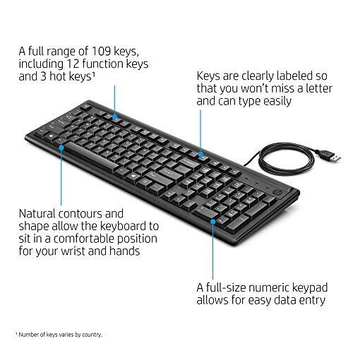 HP Keyboard 100 - Wired USB with Height Adjust & Number Pad. Compatible with Windows PC, Notebook, Laptop, Mac 1
