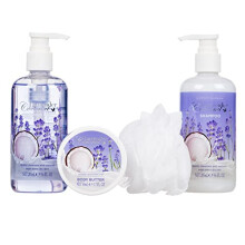 - 4 Piece Women's Classic and Elegant Lavender Coconut Scent Bath Set - Includes Shower Gel, Shampoo, Body Butter and a Bath Puff,Purple